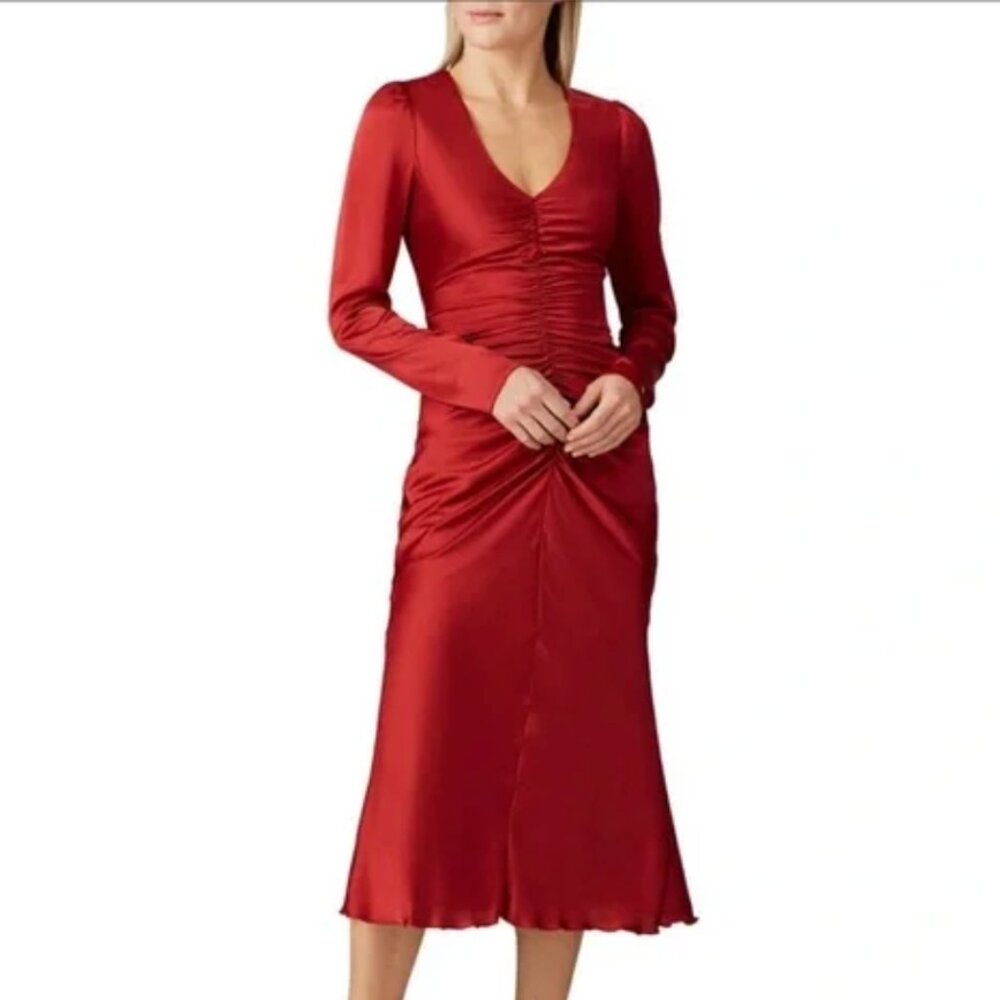 Nissa Satin Ruched Dress Rose Red Midi US 10 UK 14